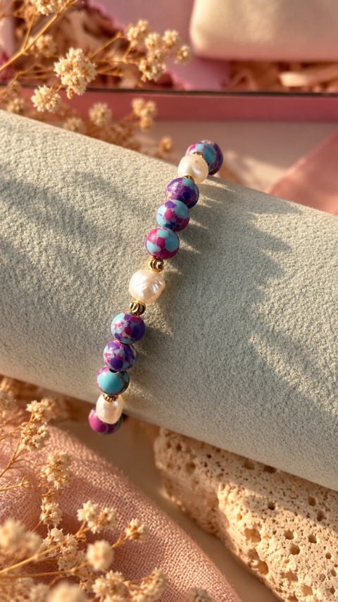 bransoletka kolorowa, bransoletka z perłą słodkowodną, bransoletka fioletowa, bransoletka turkusowa, bransoletka handmade,