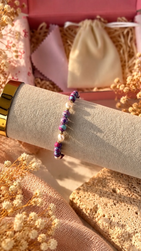 bransoletka kolorowa, bransoletka z perłą słodkowodną, bransoletka fioletowa, bransoletka turkusowa, bransoletka handmade,