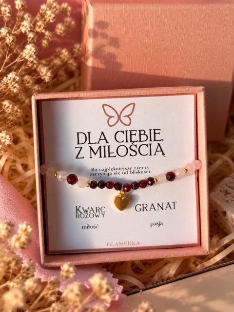 bransoletka kwarc różowy, bransoletka granat, bransoletka z sercem, biżuteria z przesłaniem, romantyczny prezent