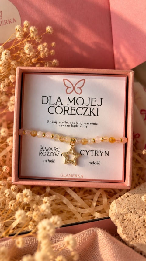 bransoletka dla córki, prezent dla córki, bransoletka kwarc różowy, bransoletka cytryn, bransoletka z gwiazdką,